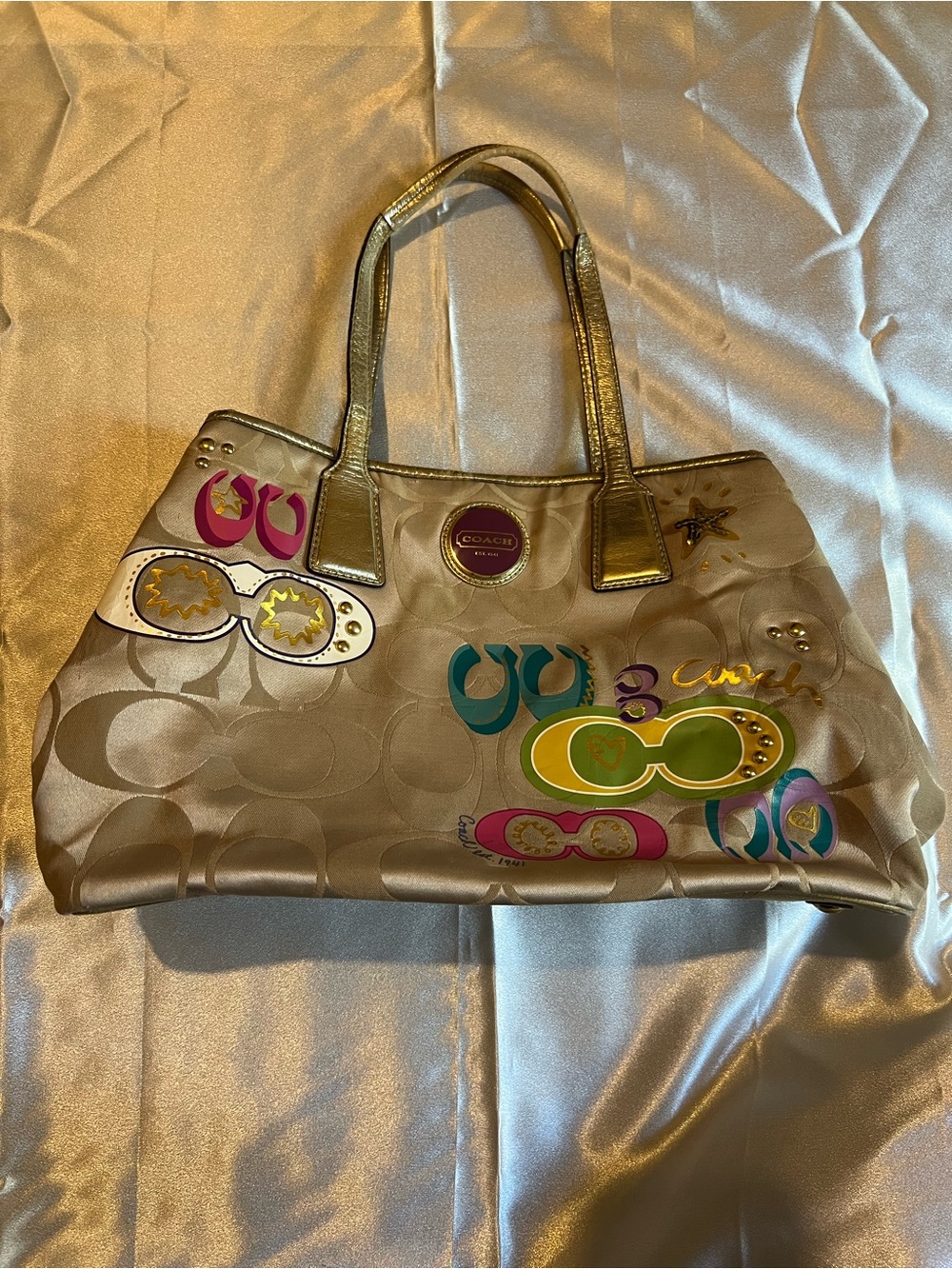 Coach Metallic Gold Signature Tote with Multicolor Graphic Accents